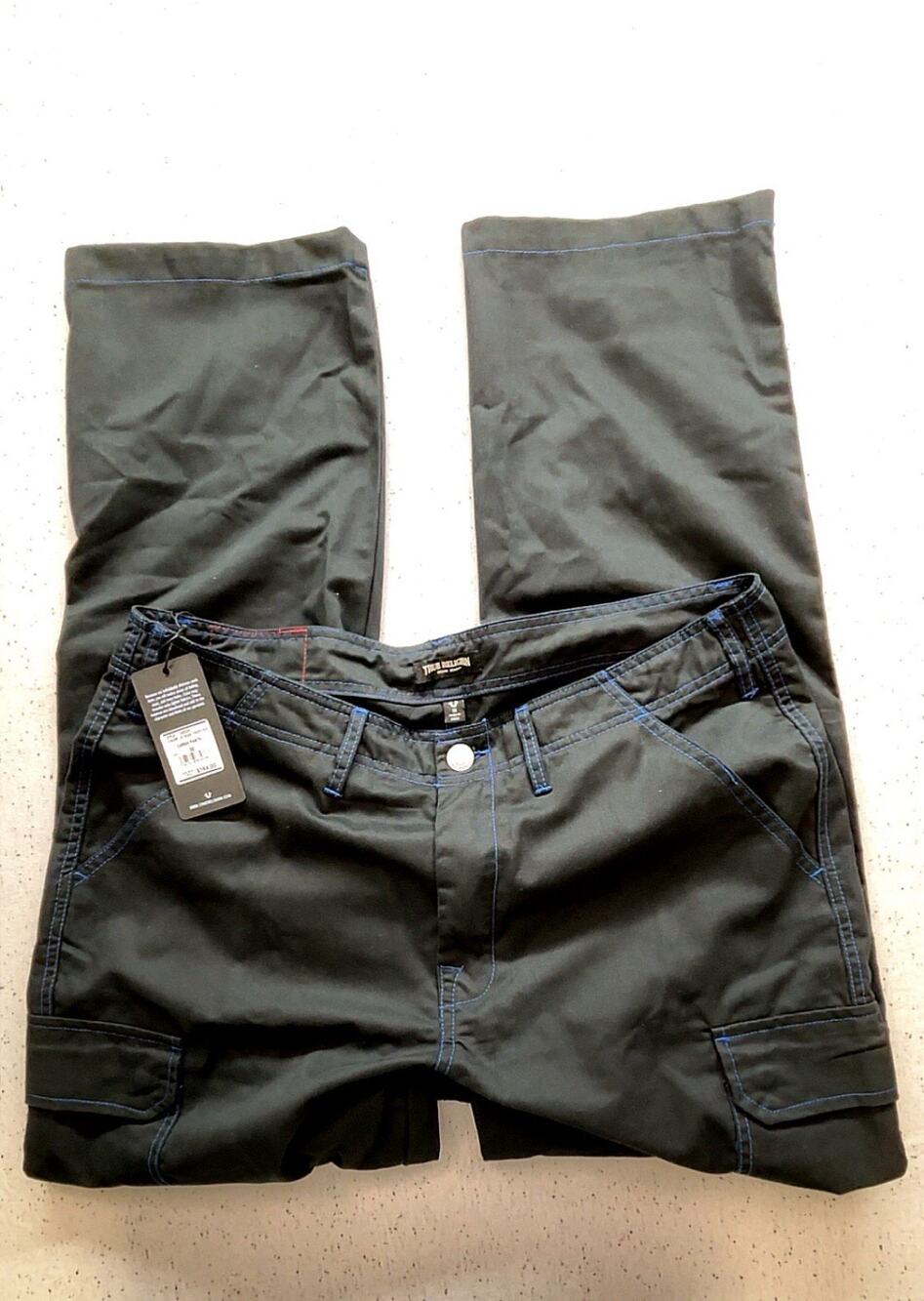 NWT True Religion Cargo Pants Men 36 Black Pacific Blue Baggy Style 108335 $164